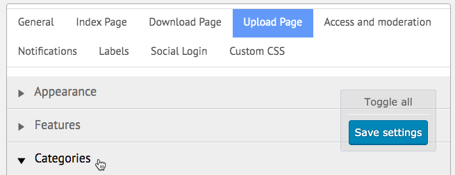 Categories settings - File Manager Plugin for WordPress