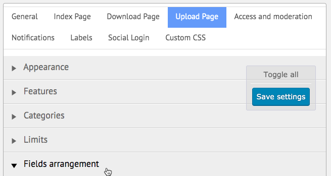 Fields arrangement settings - File Manager WordPress