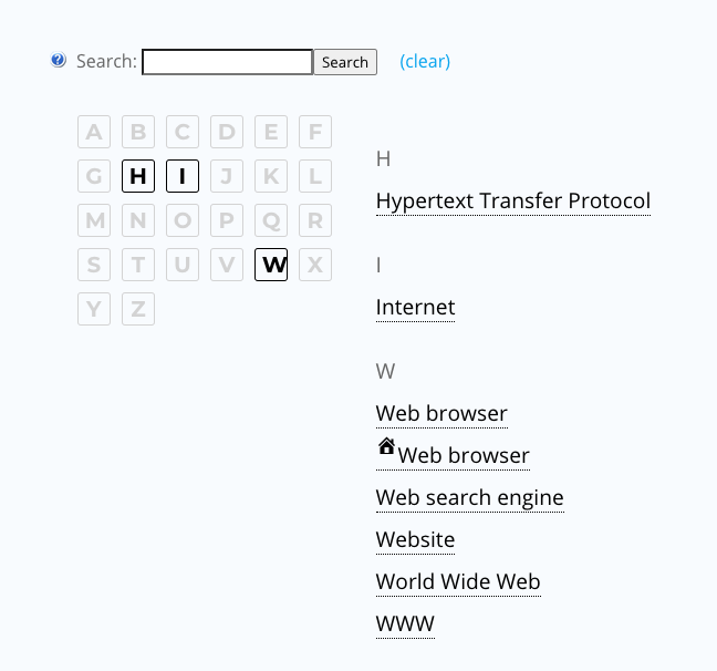 Example of the glossary index page - WordPress Knowledge Base Plugin