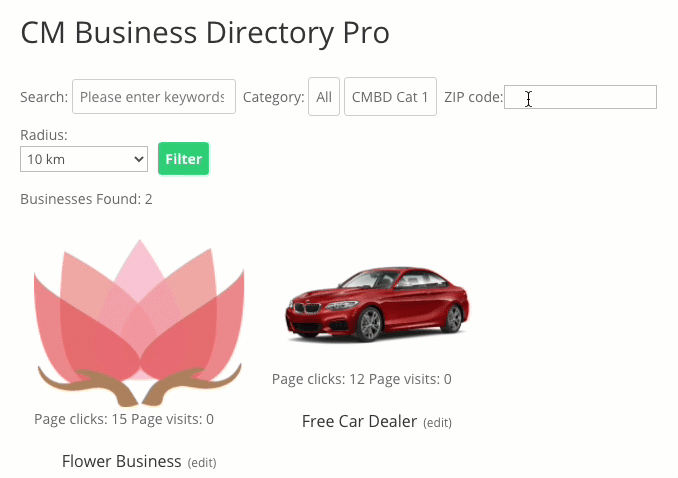 ZIP search in WordPress business directory