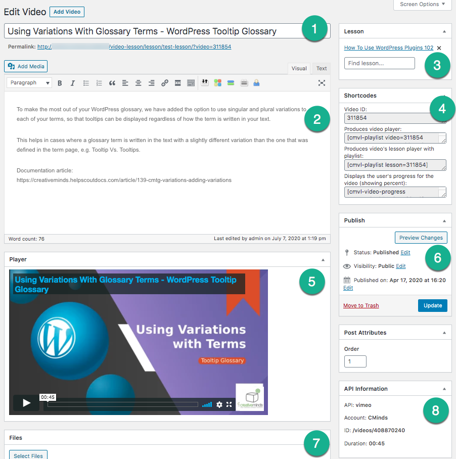 'Edit Video' page - WordPress Video Lessons Manager Plugin