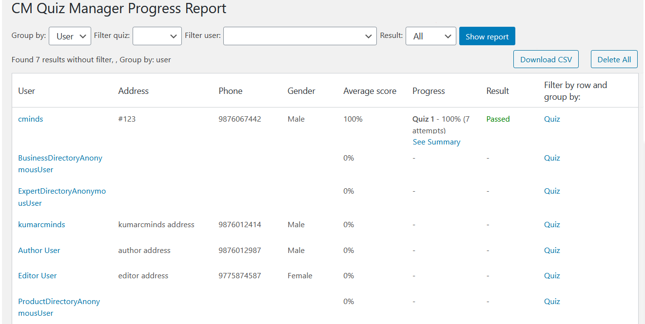 Progress report dashboard - WP Quiz Plugin