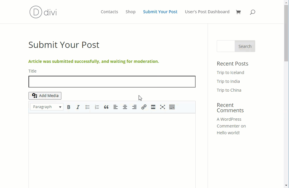 Submitted post is pending for moderation - Frontend Publishing Plugin