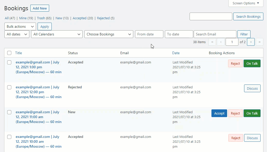 Filtering bookings with open discussions - Appointment Booking Calendar