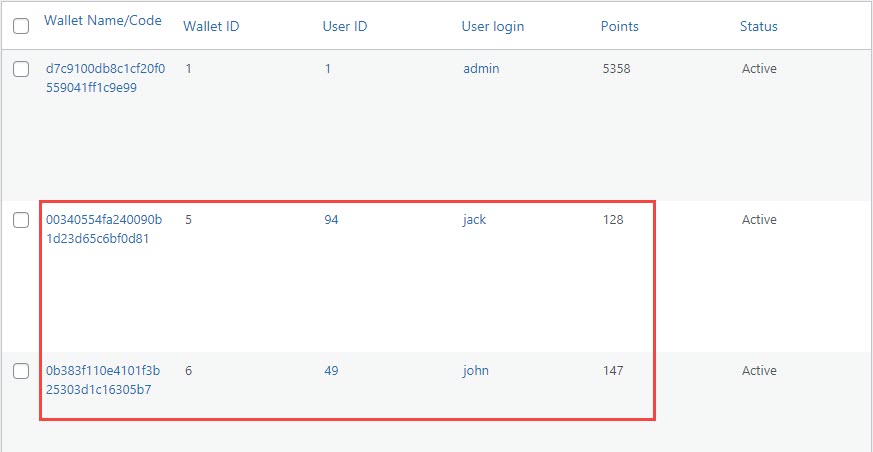 Example of wallets after swapping them between users - WordPress User Wallet Credit System