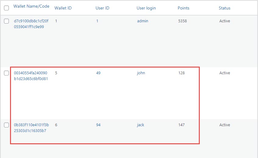 Example of wallets before swapping them between users - Points and Rewards Plugin