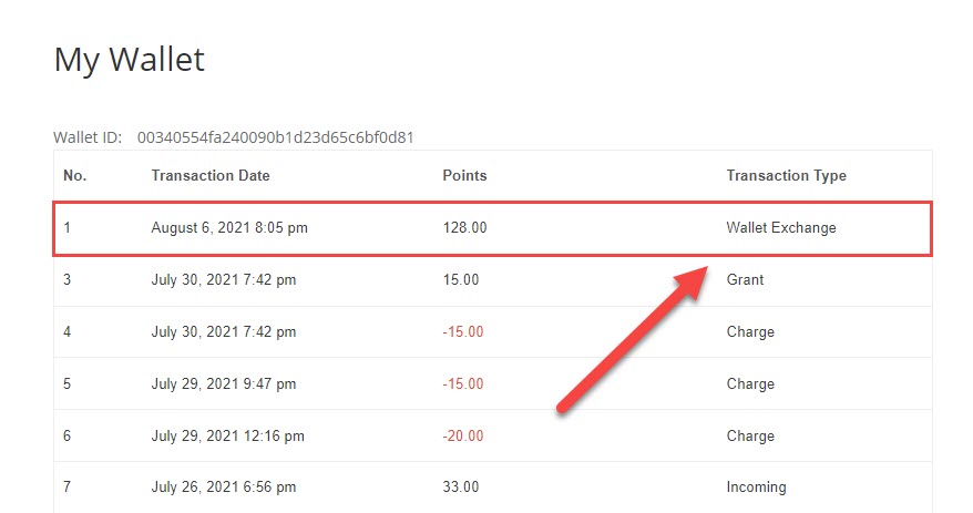 Record in the wallet transaction history about the wallet exchange - WordPress MicroPayments