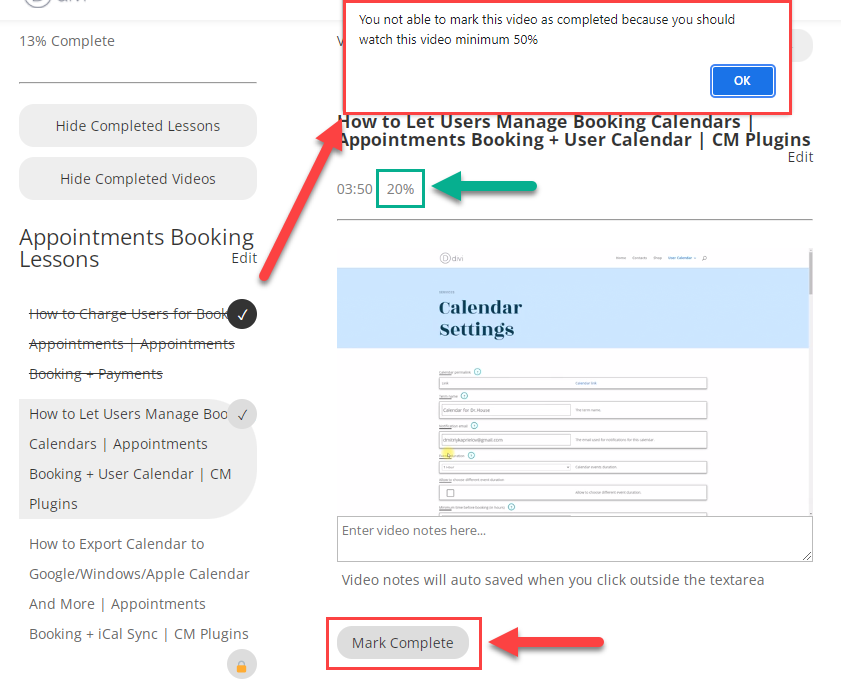 Demanding to finish watching the video to be able to mark it as completed - WordPress eLearning Plugin