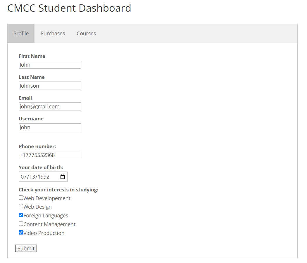 Example of the Profile tab - WordPress Plugin for Online Courses