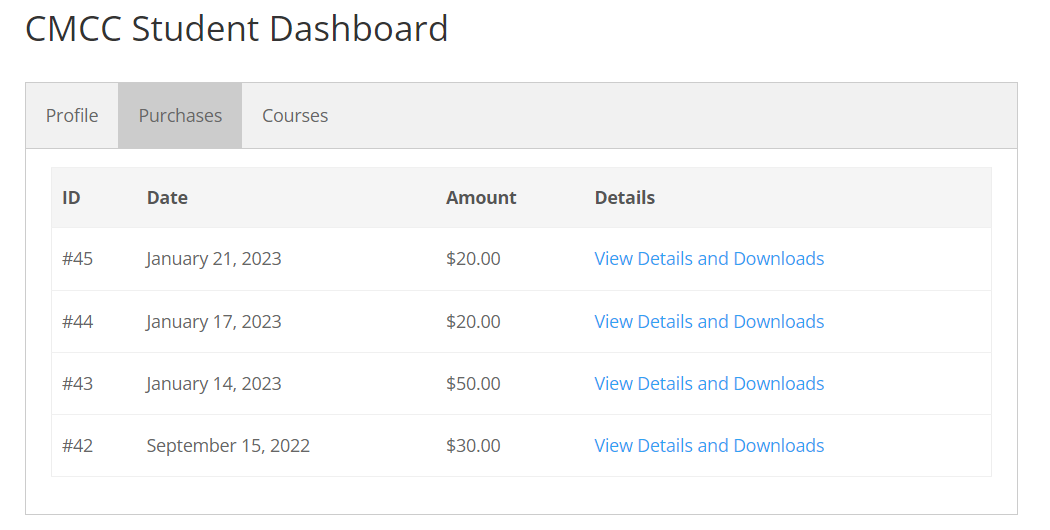 Example of the Purchases tab - WordPress Plugin for Creating Online Courses