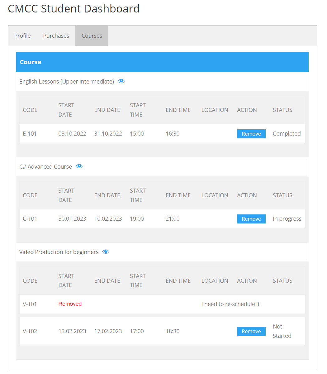 Example of the Courses tab - LMS Plugin for WordPress