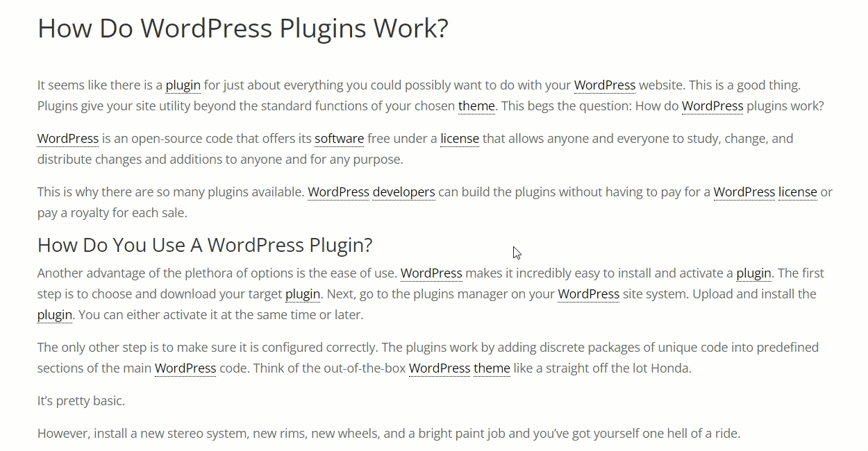 Example of generating a temporary definition by double-clicking any word - Knowledge Base WordPress Plugin