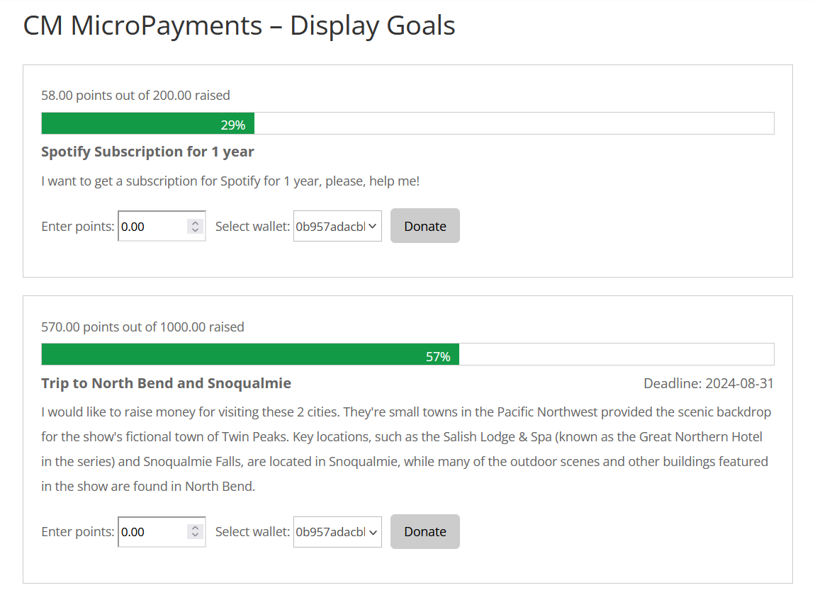 Displaying fundraising goals - MicroPayments Platform Plugin