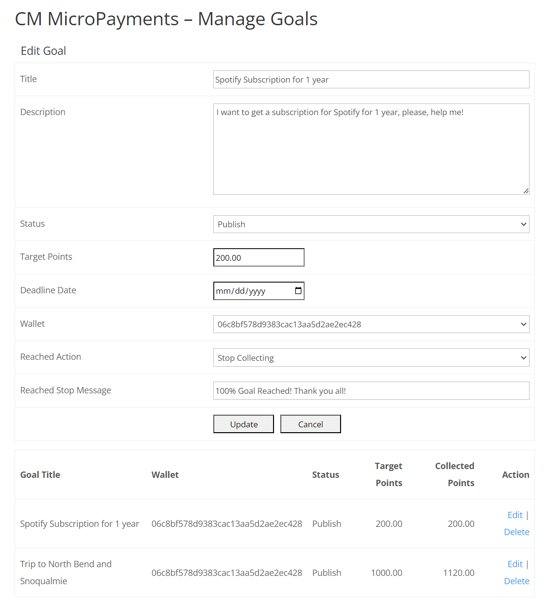 Creating and managing fundraising goals - WordPress MicroPayments