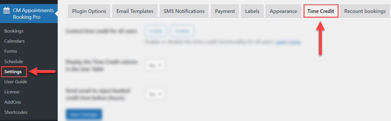 Navigation to the time credit settings - WordPress Scheduling Plugin