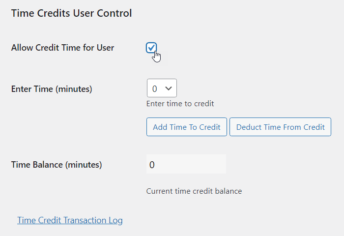 Enabling the Time Credit feature for a user - WordPress Scheduling Plugin