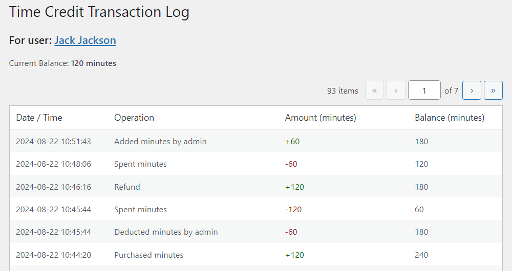 Time credit transaction log - WordPress Calendar Booking Plugin