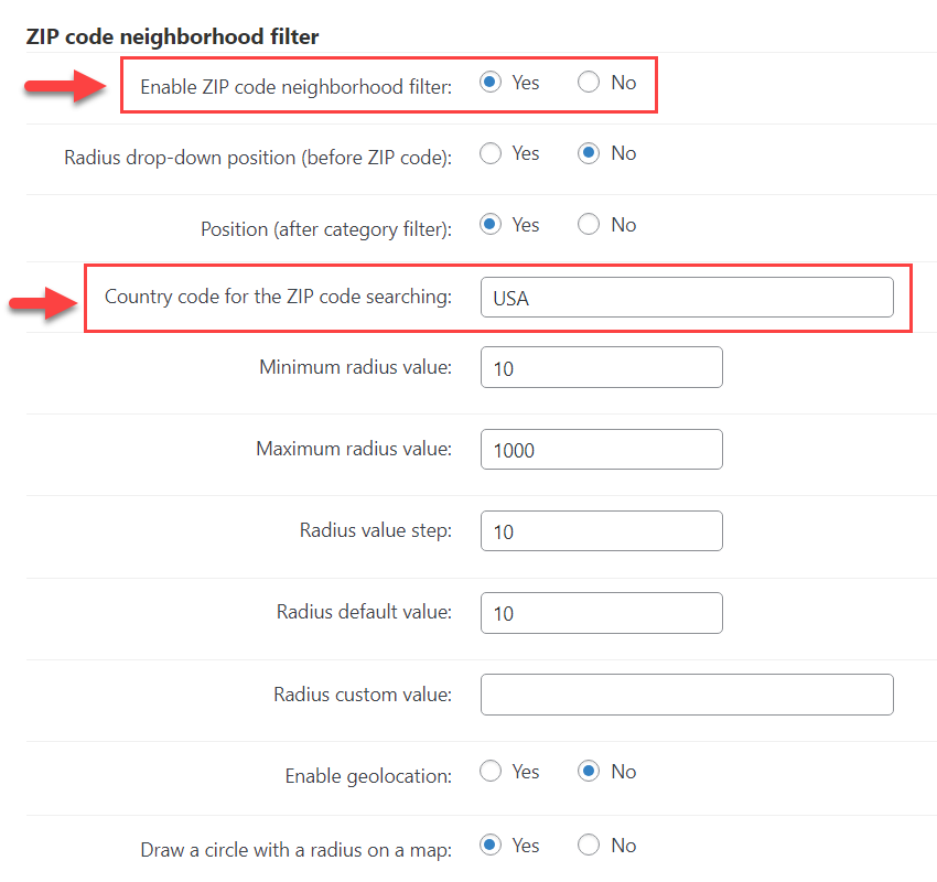 Zip search settings - Store Locator WordPress Plugin