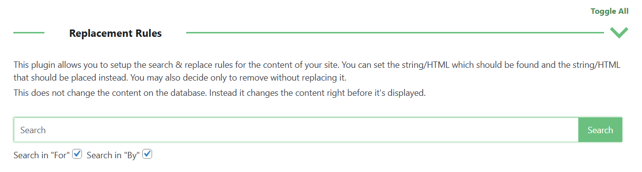 Bar for searching the replacement rules - WordPress Plugin Search Database and Replace