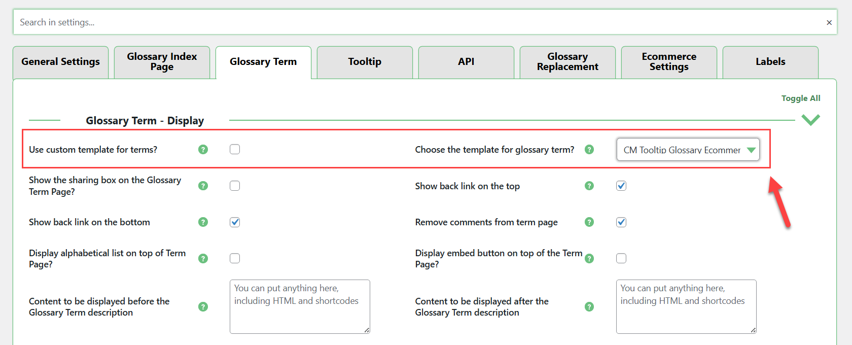 Plugin settings - Glossary Plugin WordPress