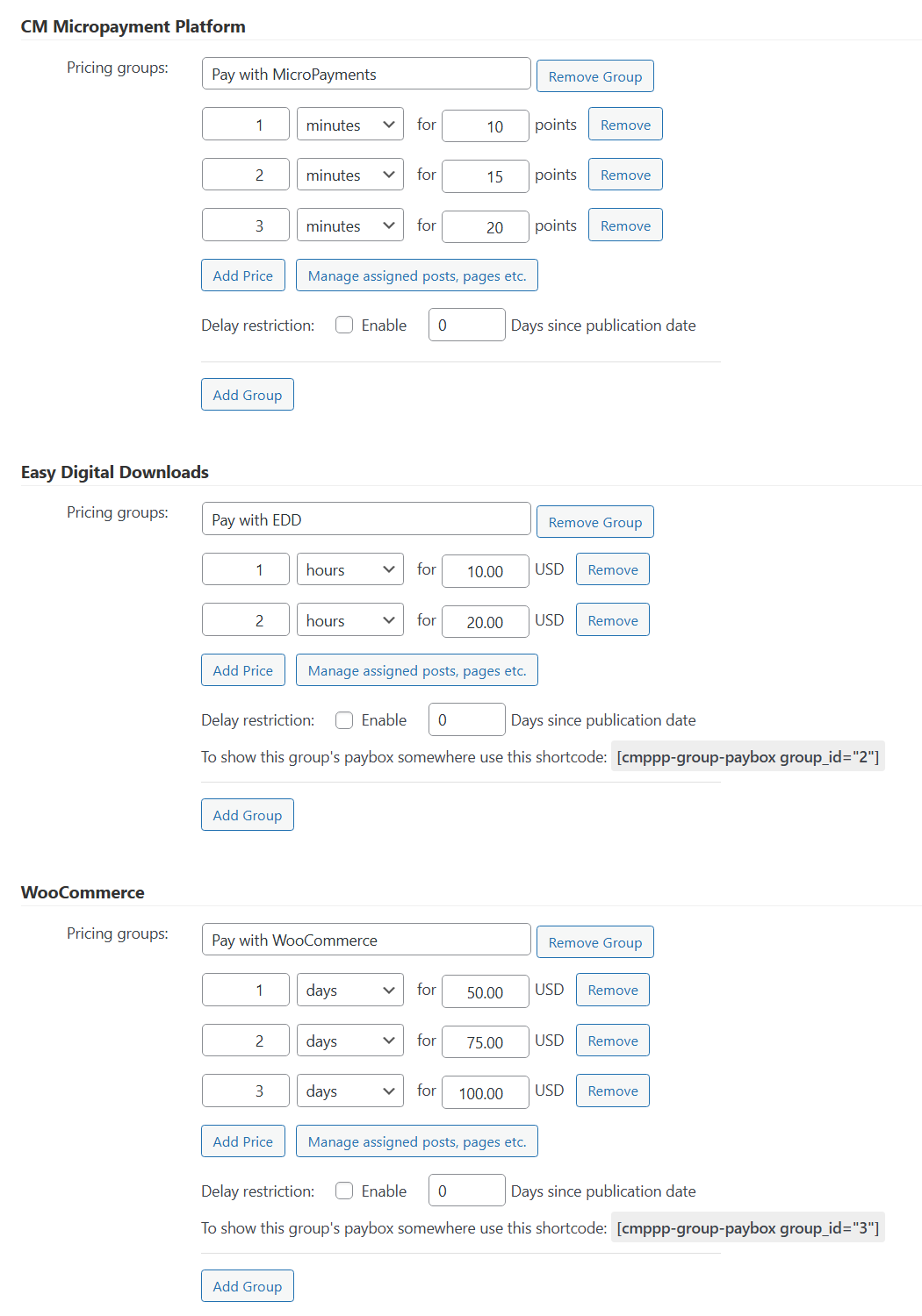 Example of pricing groups supported by different payment plugins - Best Paywall Plugin for WordPress