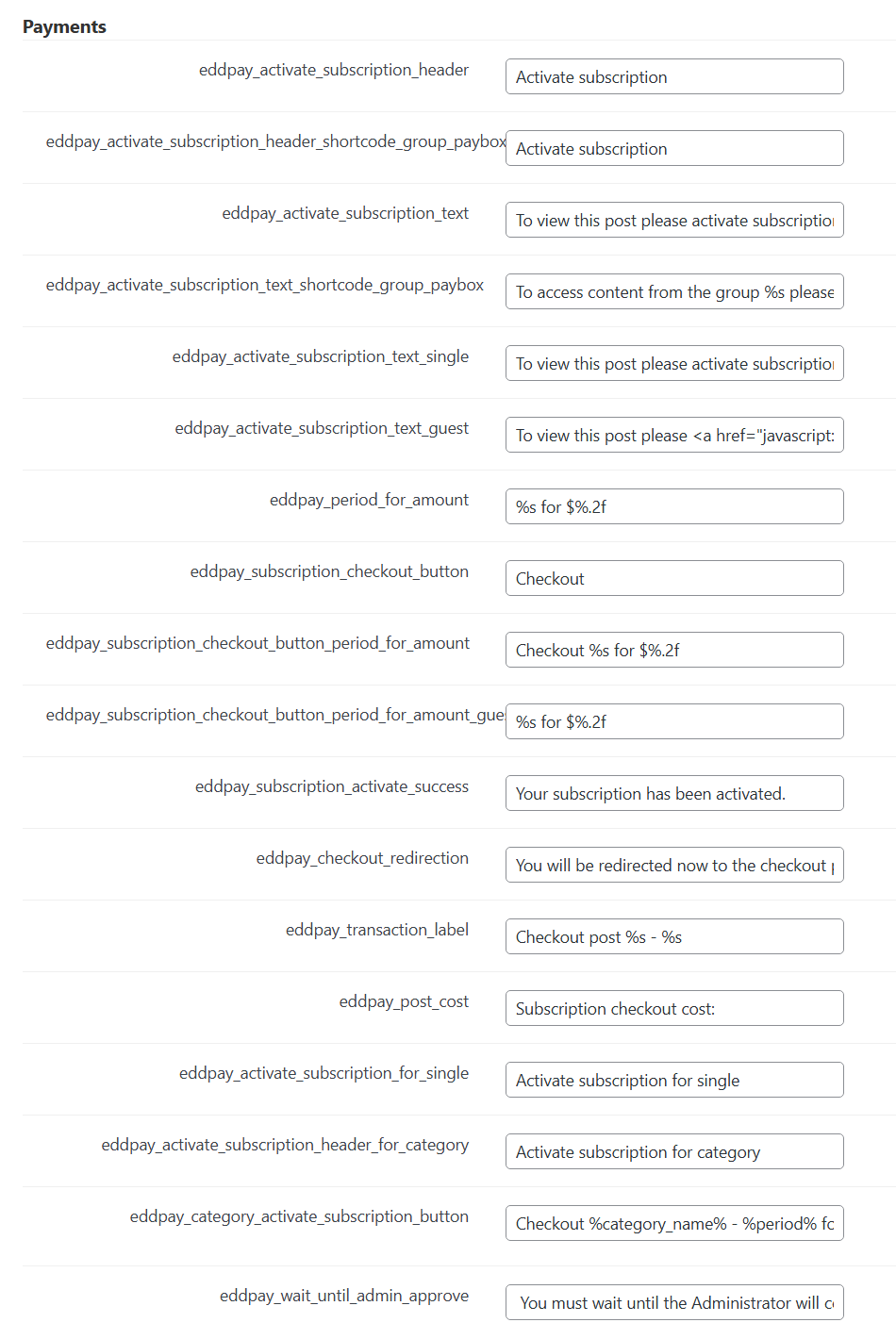 Payments labels - WordPress Plugin Paywall