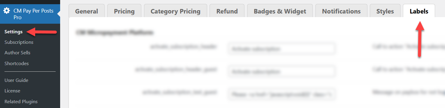 Navigation to the plugin labels - Pay-Per-Post Plugin