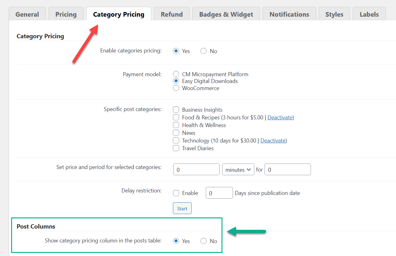 Category pricing settings - Pay-Per-Post Plugin