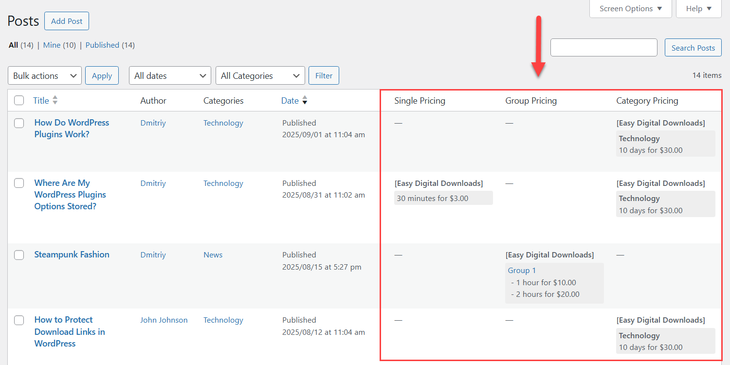 Example of prices info in the posts table - WordPress Paywall Plugin