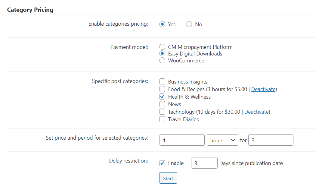 Category pricing settings - Pay-Per-Post Plugin