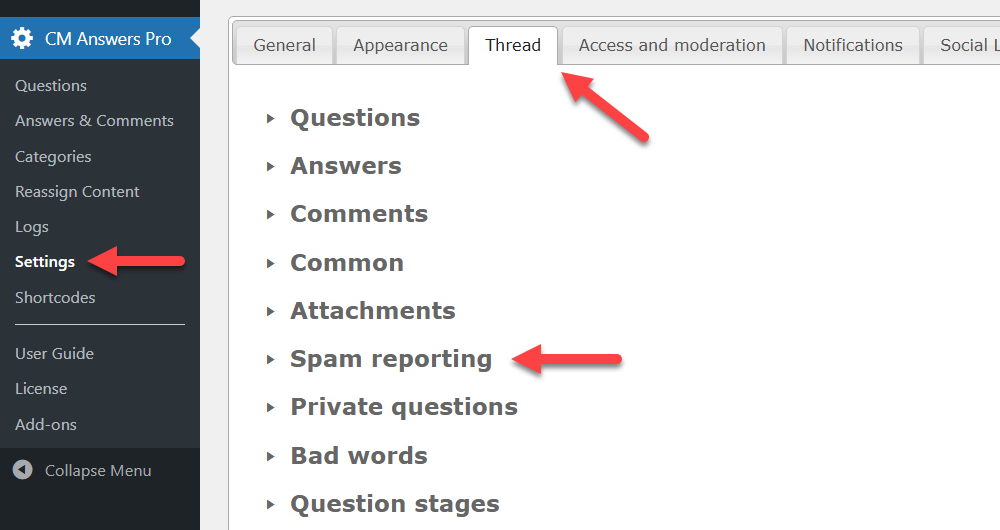 Navigation to the plugin settings - WordPress Question and Answer Plugin