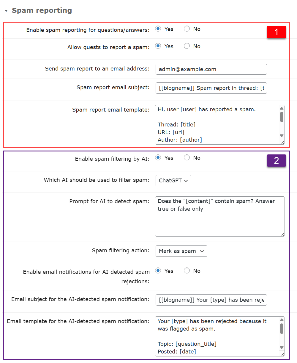 Spam reporting settings - WordPress Question and Answer Plugin