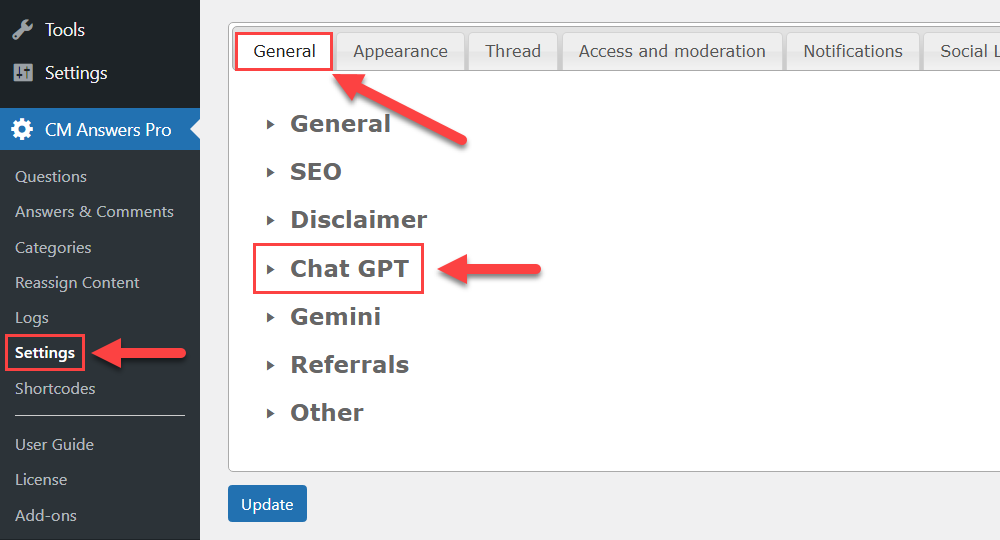 Navigation to ChatGPT settings - WordPress Forum Plugin