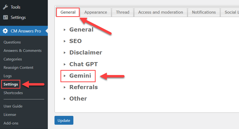 Navigation to Gemini settings - WordPress Forum Plugin
