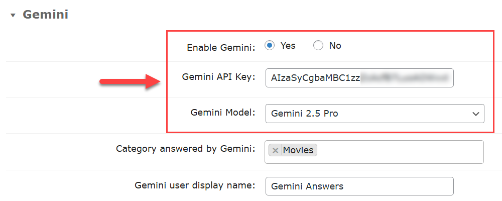 Gemini integration settings - Questions and Answers Forum Plugin