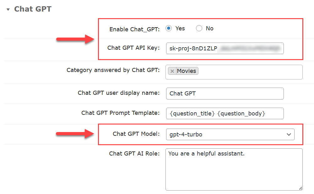 ChatGPT integration settings - Questions and Answers Forum Plugin