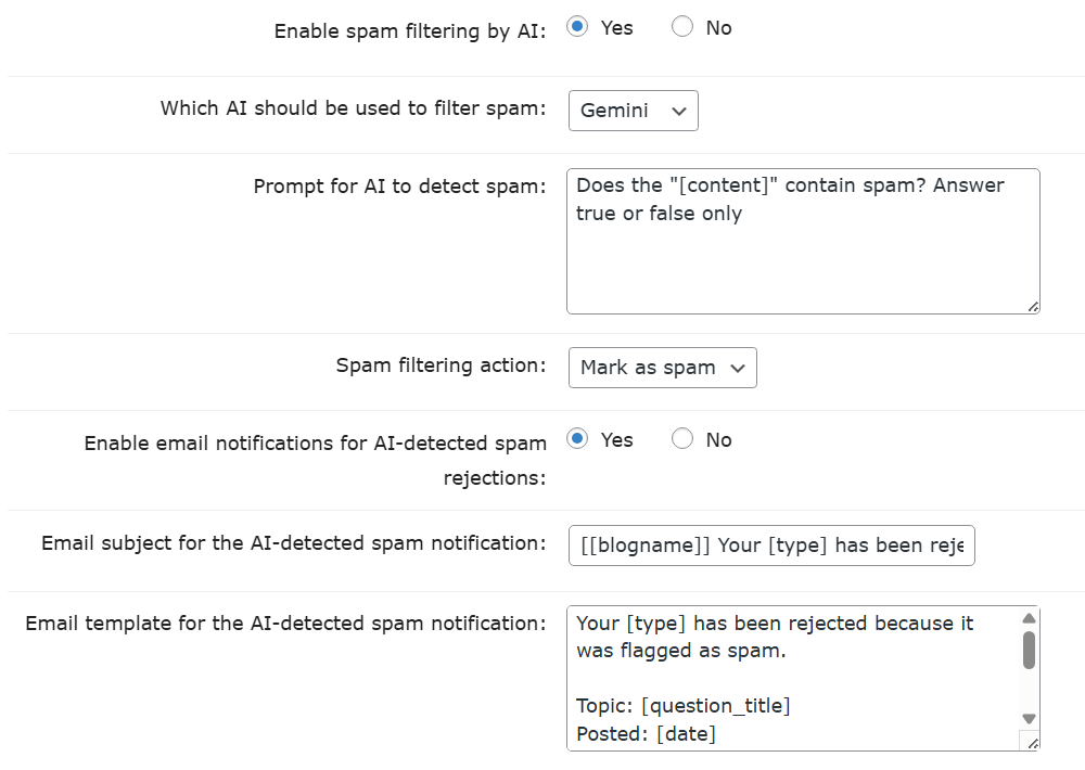Settings for checking for spam using AI - Questions and Answers Forum Plugin