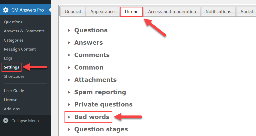 Navigation to bad words settings - Q and A Plugin