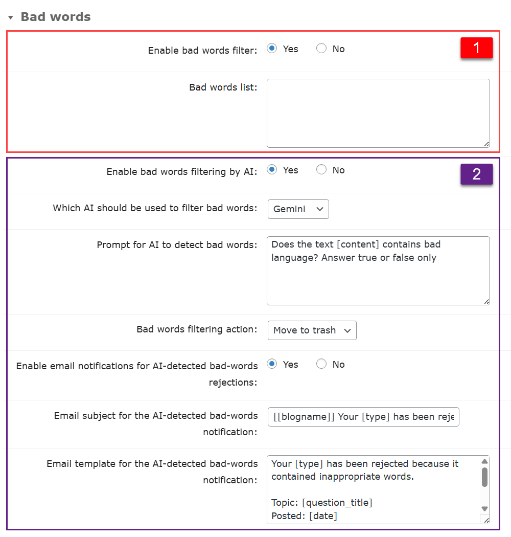 Bad words settings - WordPress Q and A Plugin