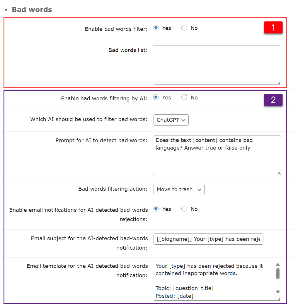 Bad words settings - WordPress Q and A Plugin