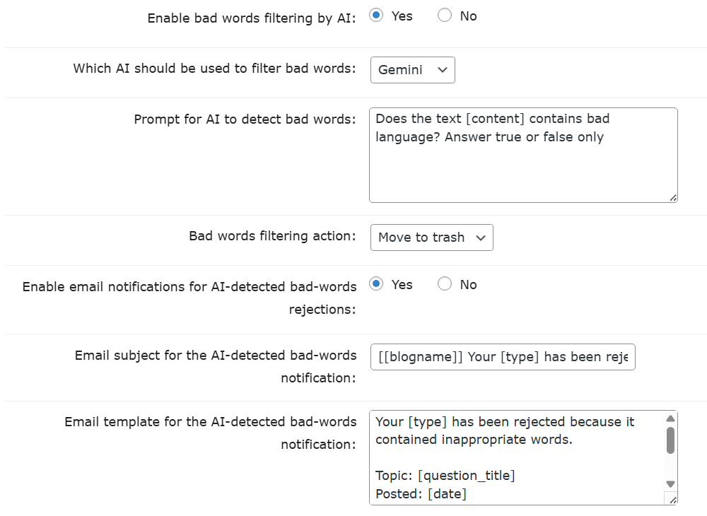 Settings for checking for inappropriate language using AI - Questions and Answers Forum Plugin