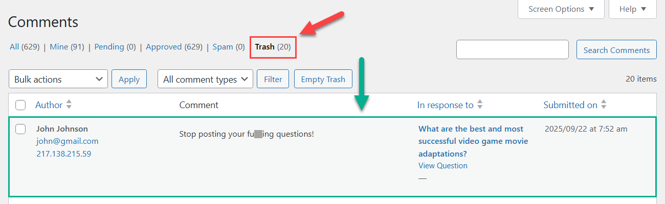 Moving content to trash - Q and A Plugin