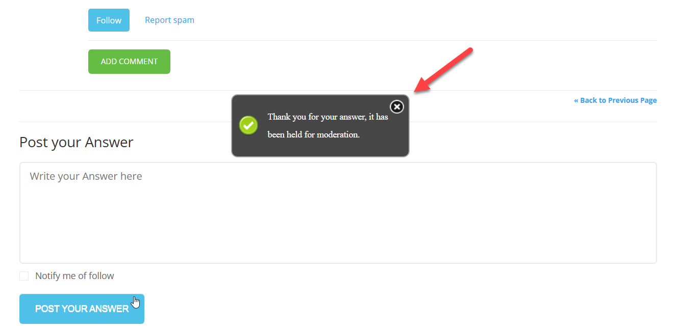 Example of the front-end message - WordPress Q and A Plugin