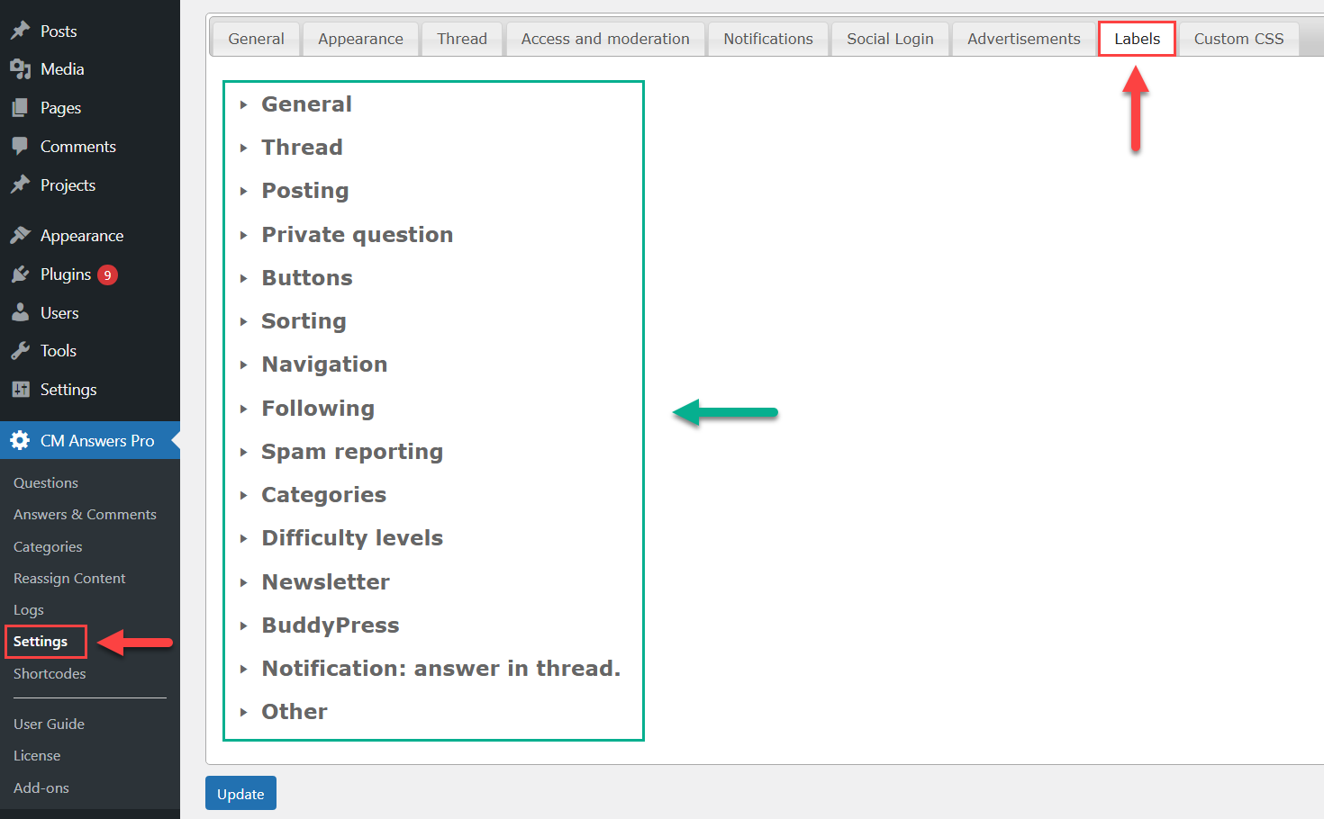 Labels settings - Questions and Answers Plugin