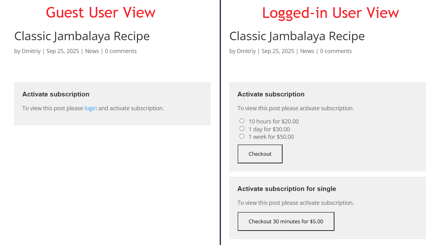 Front-end example - WordPress Paywall Plugin