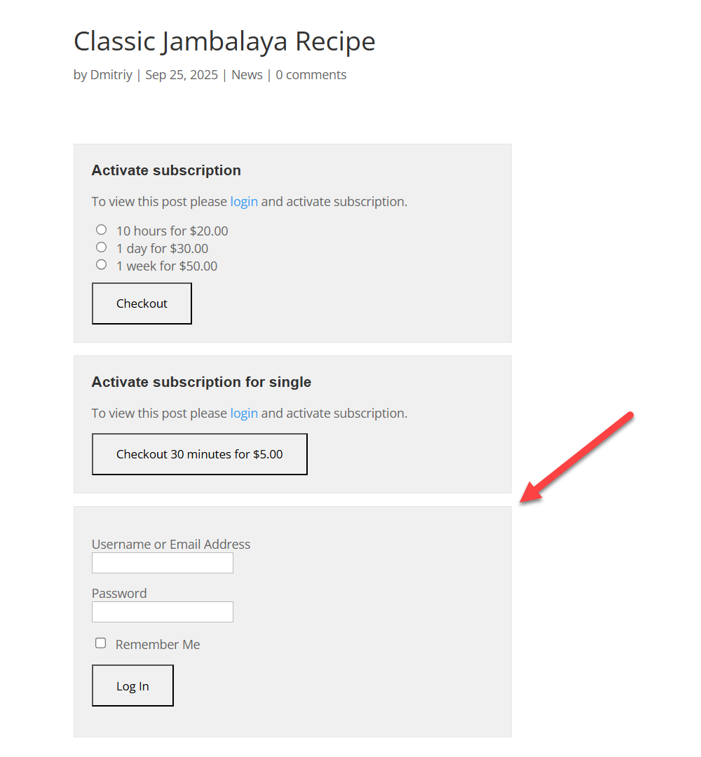 Front-end result - WordPress Paywall Plugin