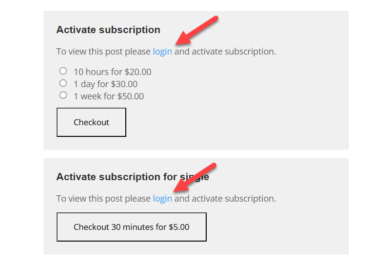 Examples of the login link - Paywall Plugin WordPress