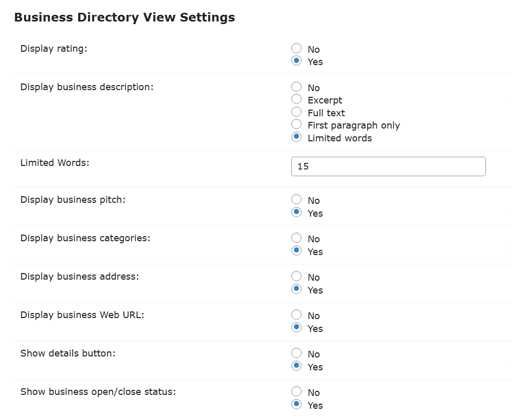 Additional options for the Business Directory View - WordPress Directory Listing Plugin