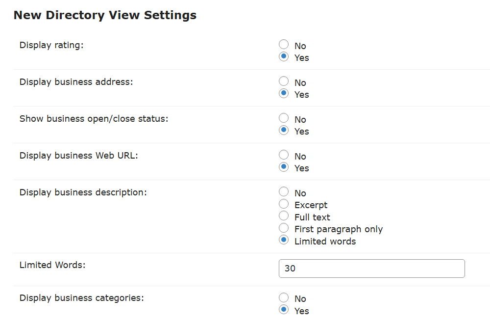 Additional options for the New Directory View - WordPress Directory Listing Plugin