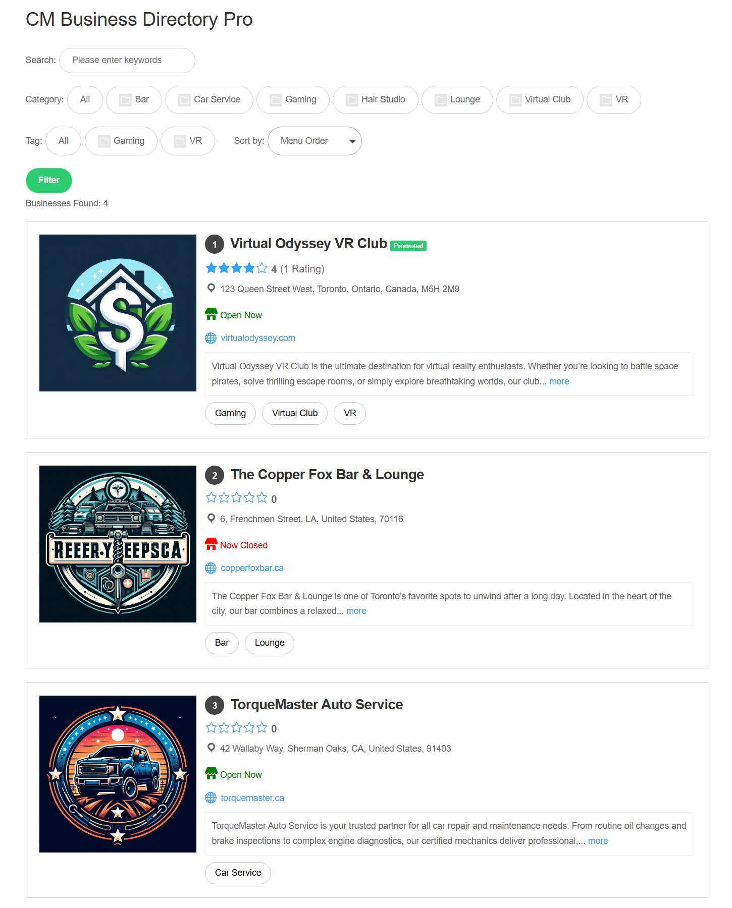 Front-end example - WordPress Business Directory